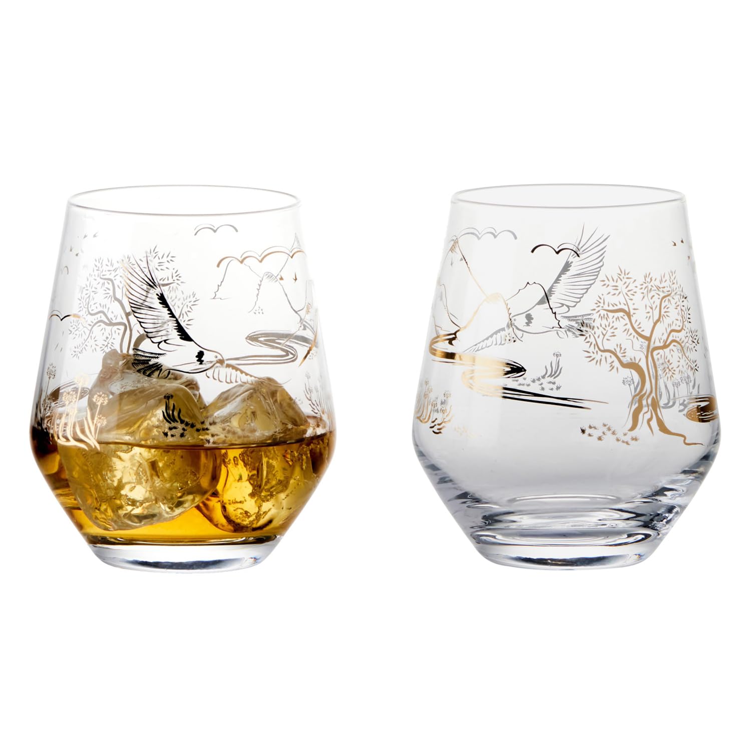 Anton Studio Designs Skye Handmade Stemless Wine Glass with Hebridean Design Perfect for Red Wine, White Wine, Water, or Beverages - 500 ml - Clear - Set of 2 Elegant Glass Tumblers