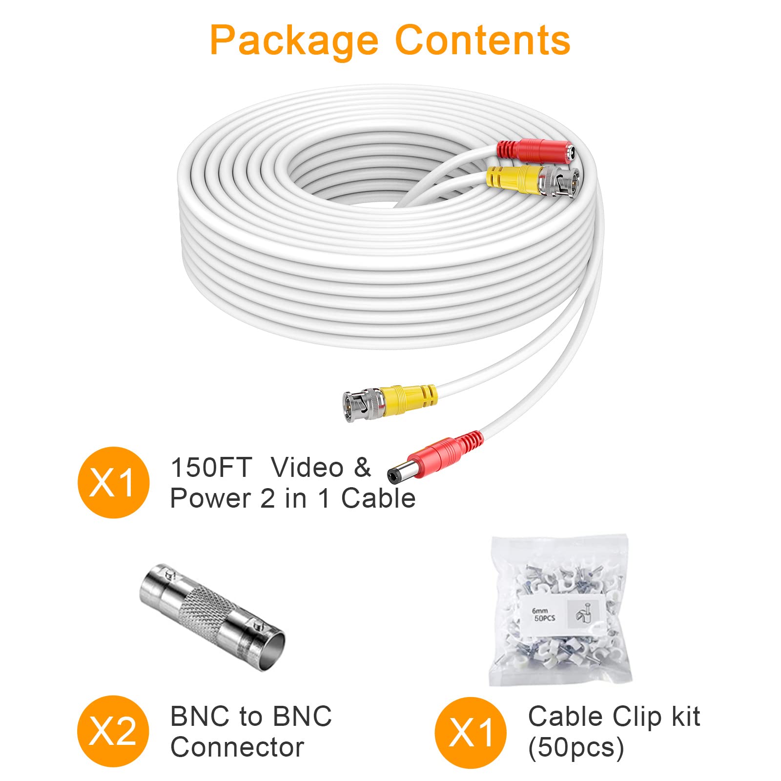 WILDHD BNC Cable,150ft All-in-One Siamese BNC Video and Power Security Camera Wire Cable,CCTV Cable with 2 Female Connectors for All Max 5MP HD CCTV DVR Surveillance System (150ft BNC Cable, White)