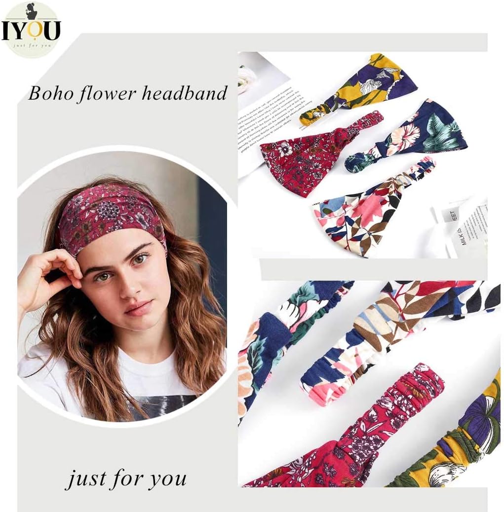 IYOU Boho Headband Flower Hair Bands Sport Elastic Head Wraps Stretchy Fitness Polyester Head Wear for Women and Girls(pack of 4) - Image 4