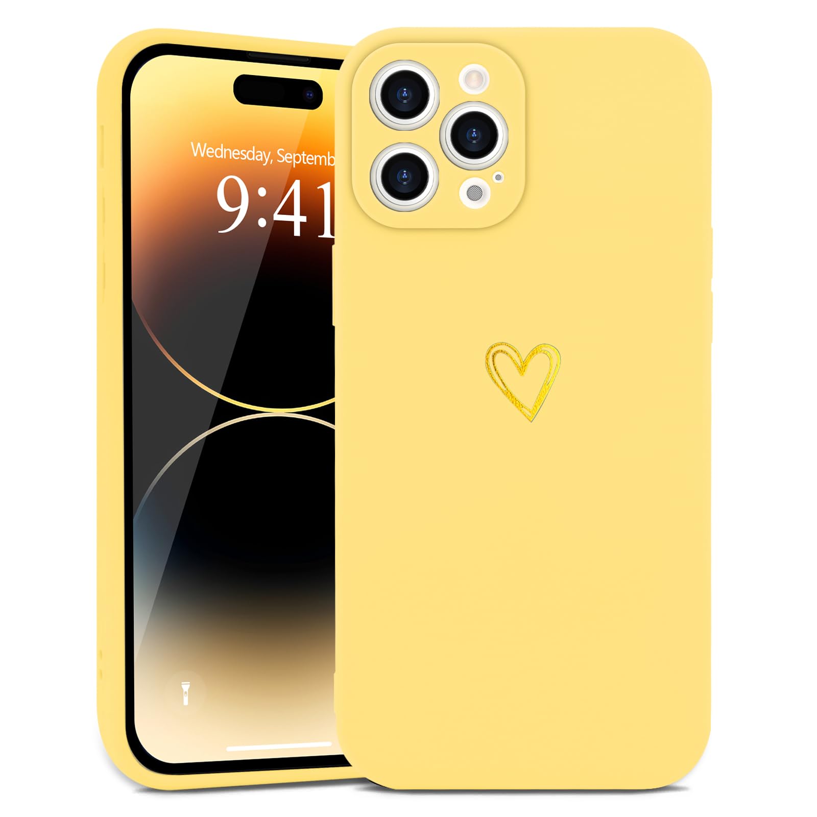 Wirvyuer for iPhone 14 Pro Case with Cute Heart Pattern Soft Shockproof Protective Silicone Phone Case for Women Girls,Yellow