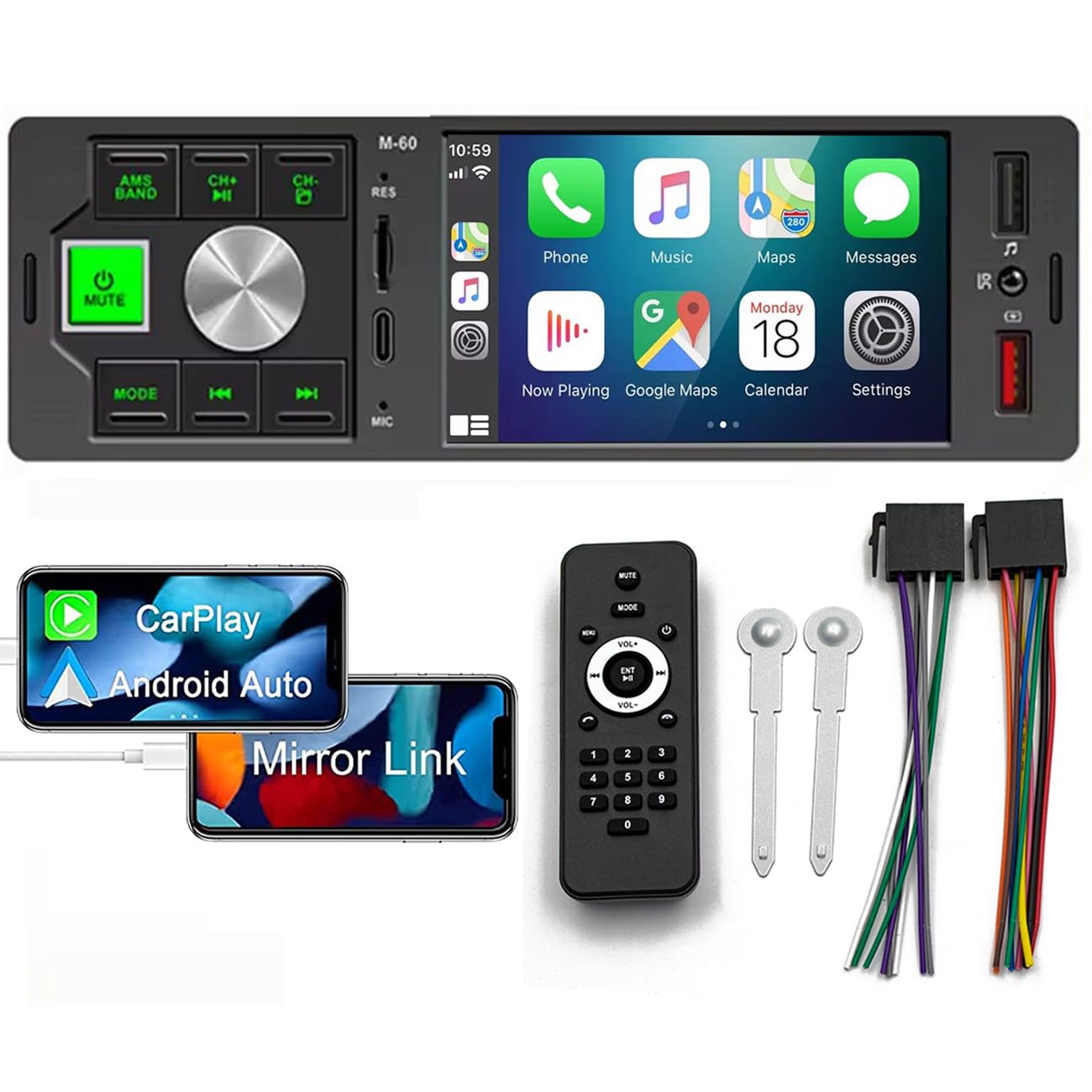 Single Din Car Radio CarPlay and Android Auto Bluetooth Car Stereo 4.1 inch Touch Screen Auto Audio Mirror Link Stereo Bluetooth USB Type C Player