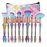 Mermaid Makeup Brush Set, Coshine 10pcs Rainbow Unique Mermaid Makeup Brushes Set with Colorful Brush Pouch, Unicorn Fish Style Foundation Powder Cream Blush Brush Tool Kits with Cute Brush Bag