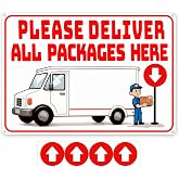 14 x 10" Delivery Signs for Packages, Please Deliver All Packages Here | Rust-Free Aluminum Metal Sign with Directional Arrow Stickers for House, Porch, Yard, Outdoor, and Delivery Box