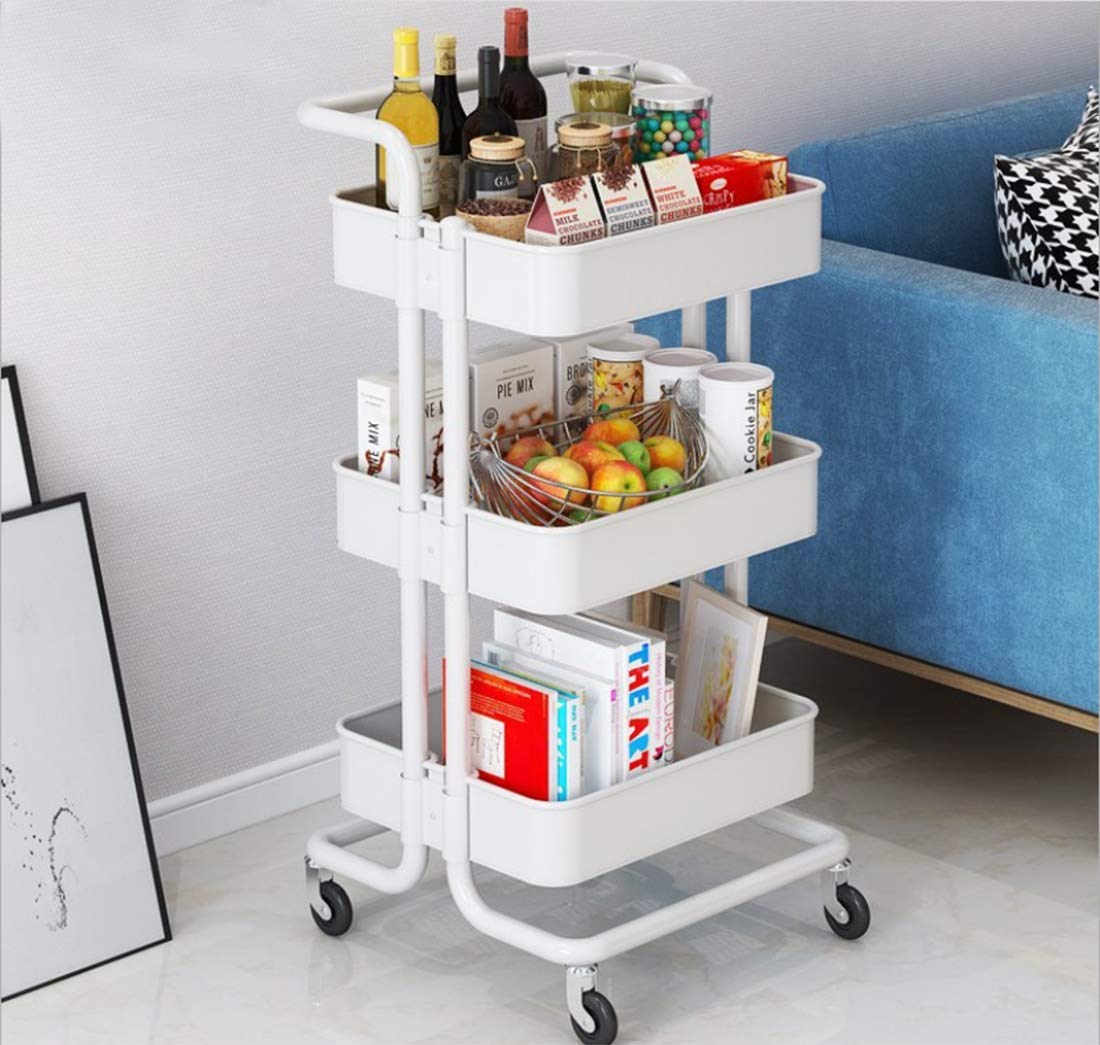 storage Multi-Purpose trolley Cart with Casters, Rolling Metal Utility Organizer for Bathroom, Kitchen, Bedroom (White)