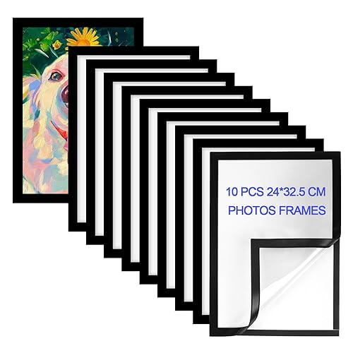 ROYUEXT 10 Pcs Magnetic Photo Frames Self Adhesive Magnetic Picture Frame,Diamond Painting canvas Frames,Inside Size 20.5×29.5cm, Diamond art Frame for Paintings, Photos,Certificate, Poster (Black)