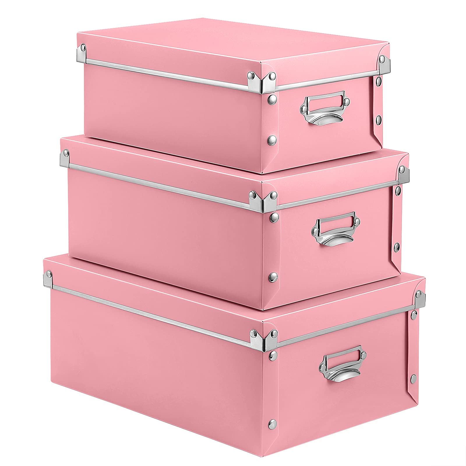 Photo 1 of SEEKIND Storage Box, Decorative Storage Bins with Lid,3 in 1 Set,Plastic,with Handles,Press-Stud Fastening,Moisture-proof,Foldable for Space Saving Storage,for Clothes,Cosmetic,Blankets (Pink) 
