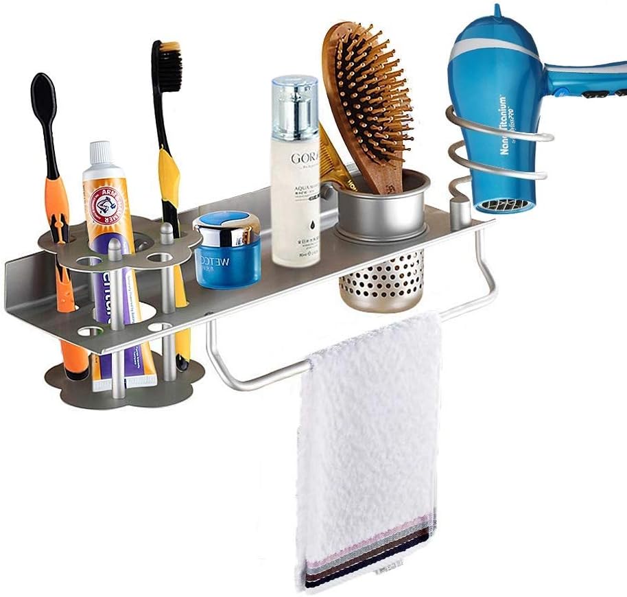 Hair Dryer Holder Wall Mount, Towel Toothbrush Toothpaste Perfume Comb Blow Dryer Holder Organizer Storage Hanging Shelf Rack Stand, Bathroom Organizer with Towel Holder, Upgrade Space Aluminum