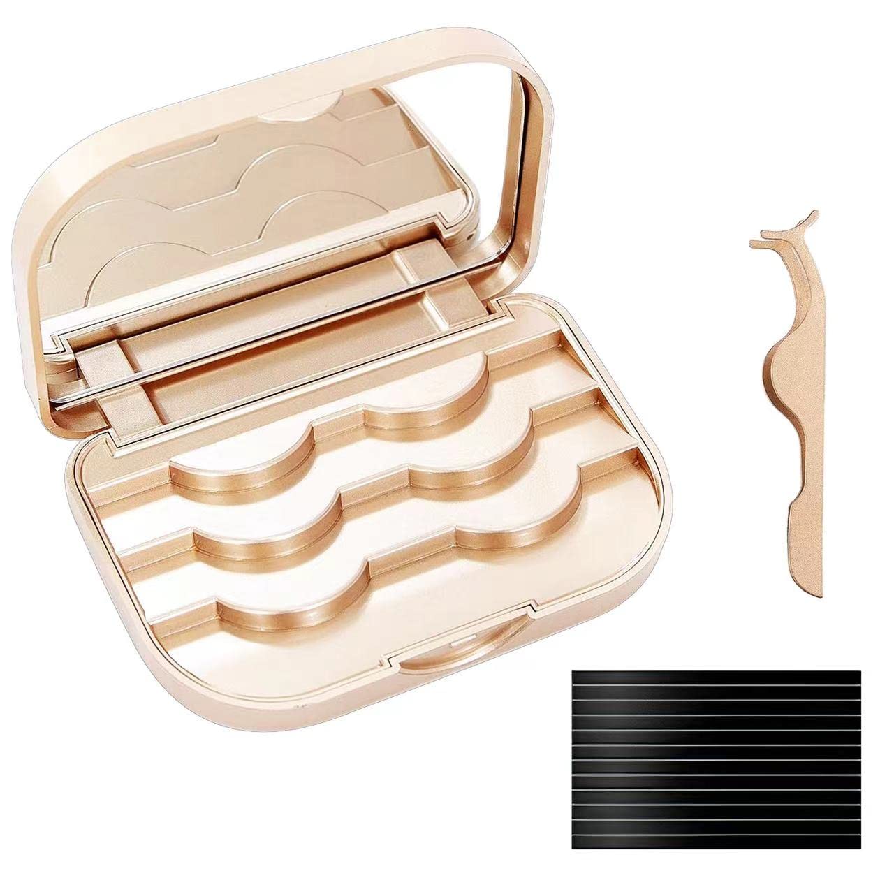 Photo 1 of JYHi False Eyelash Storage Case with Mirror Lash Organizer Holder Box Empty Makeup Cosmetic Travel Case and Eyelash Tweezers Lash Container (Gold)