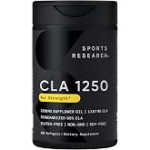 Sports Research&reg; CLA 1250mg, 180 Softgels | 95% Active Conjugated Linoleic Acid | From Safflower Oil | Non-GMO, Soy-Free, Gluten Free - 180 Servings