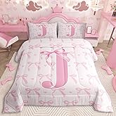 jejeloiu Cute Pink Bow Kids Bedding Set Twin Size,Boys Girls Personalized Letter J Comforter Set,Cute Coquette Bow Knot Ultra Soft Duvet Quilt,Initial Letter J Comforter Monogrammed Bedroom Decor