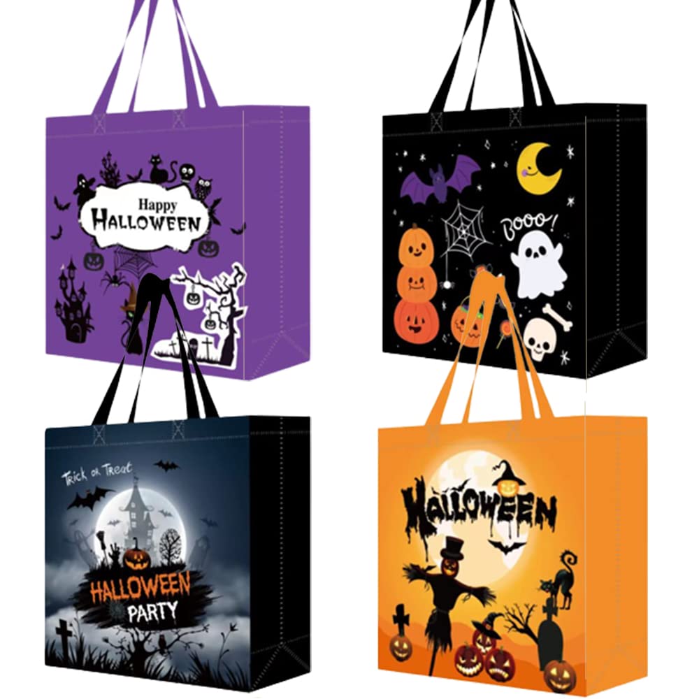 4 Pack Halloween Candy Bags, Non-Woven Reusable Gift Totes for Trick or Treating, Treats Snacks, Goodie and Sweet Bags Party Supplies