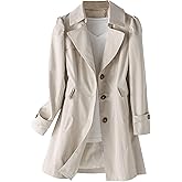 SOMTHRON Women's Single Breasted Mid-Length Trench Coat Puff Sleeve Lapel Overcoat Windproof Classic Outerwear
