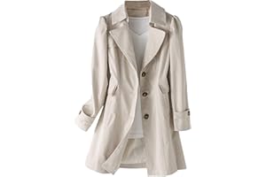 SOMTHRON Women's Single Breasted Mid-Length Trench Coat Puff Sleeve Lapel Overcoat Windproof Classic Outerwear