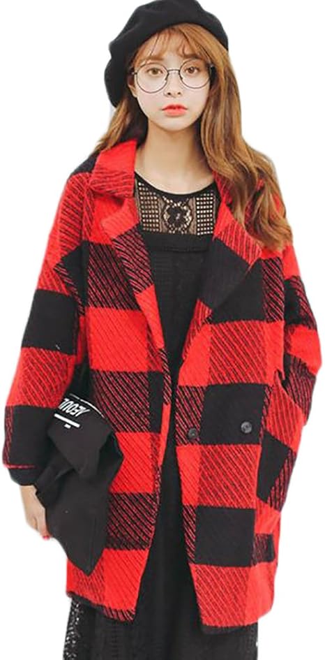 Amazon シック Chic レディース A W コーデのアクセントに ゆったりコート チェック柄 レッド ブラック 赤チェック 大襟 ロングコート フリーサイズ アウター 長袖 コート 様々なスタイルに カジュアル ガーリー フェミニン ストリート クール 海外 セレブ風
