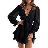 Dokotoo Womens Casual Spring Fall 2025 Deep V Neck Knotted Tiered Chiffon Elegant Mini Short Swing Skater Dresses