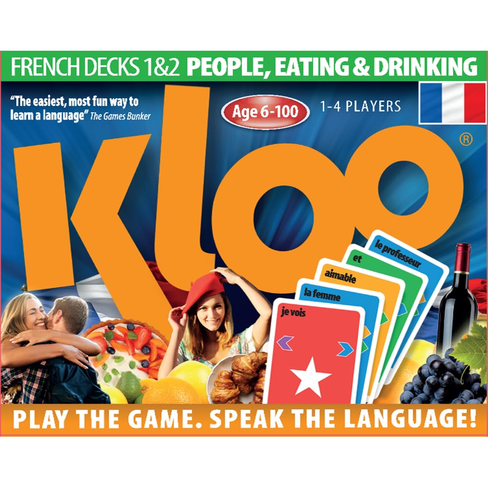 KLOO Learn French Card Game | Home Fun for Family, Kids, Adults | Coloured Vocabulary Words People & Eating & Drinking | Talk Sentences in a Flash | Schools Teacher Resource | 2 Decks, 1–4 Players