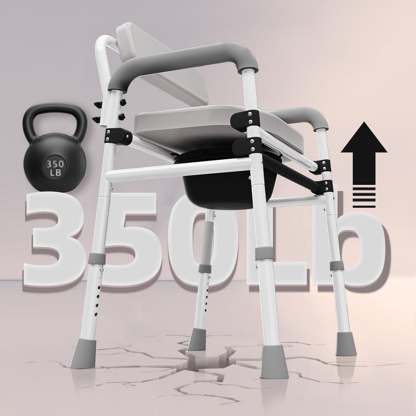 Adjustable Medical Bedside Commode Chair with Padded Backrest, Drop Arm Support, Height Adjustable, Gray