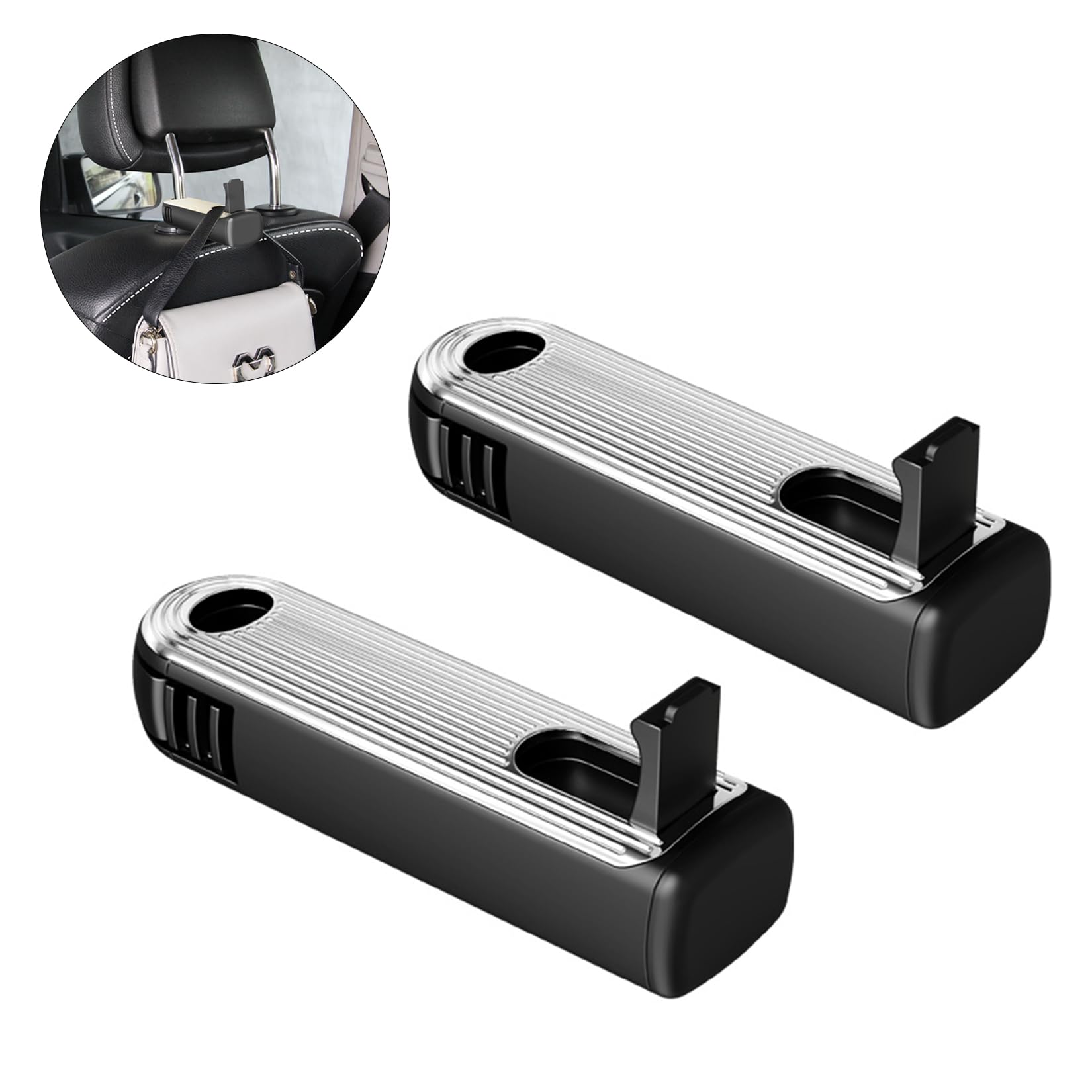 Loputon Car Headrest Hook, Headrest Mount Car Hook with Mobile Phone Holder (Silver, Pack of 2)