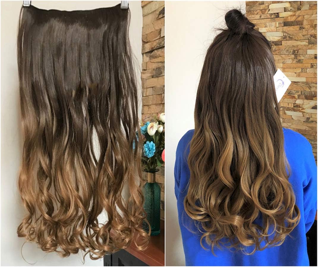 17" 20" 22" 25" Synthetic One Piece Straight Wavy Curly Clip in Ombre Hair Extensions (25Inches Wavy, Chocolate brown+Honey blonde)