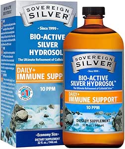 Sovereign Silver Bio-Active Silver Hydrosol for Immune Support - Colloidal Silver -10 ppm, 32oz (946mL) - Economy Size