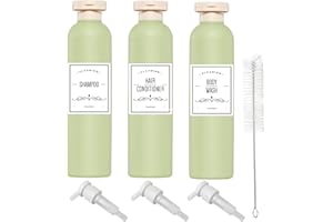 Qeuly Squeeze Bottles with Pump Dispenser and Flip Cap, 8.8 oz Refillable Travel Containers for Toiletries, Plastic Travel Shampoo and Conditioner Bottles (Green 260)