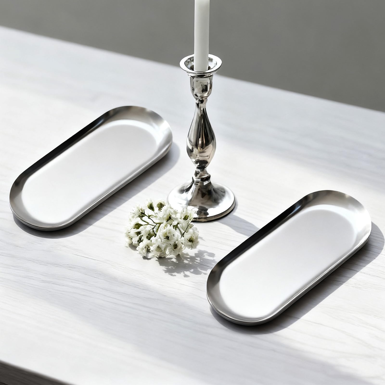 Photo 1 of 2PACK Silver Decorative Tray,Oval Stainless Steel Trays, Decorative Tray for Jewelry Dish Cosmetics Organizer Bathroom Clutter Serving Platter (Silver, 7 in)