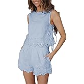 Yuemengxuan Women Tie Side Tank Top Shorts 2 Piece Outfits Set Sleeveless Floral Embroidered Crop Cami Top Shorts Pajamas Set