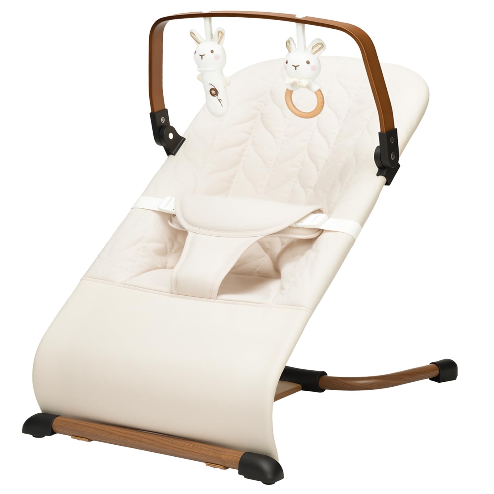 Photo 1 of Portable Baby Bouncer, Bouncer Seat for Babies 0-12 Months, 3 Recline Positions, Foldable Baby Rocker Chair with Removable Wooden Bar, Beige