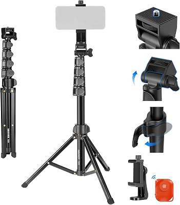 BASIC Treppiede Telefono per iPhone Fotocamera con Telecomando e Portatelefono, 66" Selfie Stick Phone Stand in Metallo per Vlog Viaggio, Supporto Fotocamera e Cellulare per Video Film, TS03