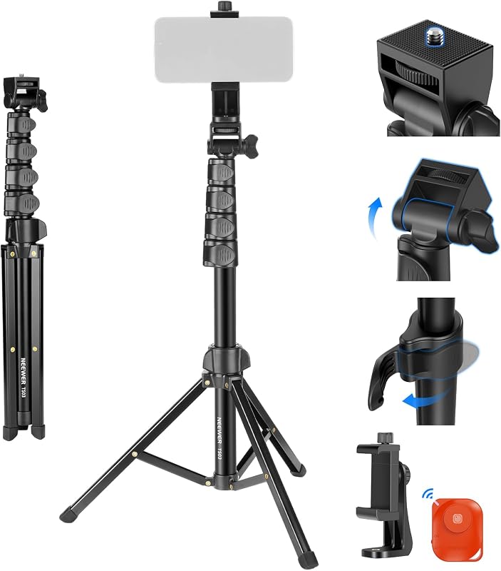BASIC Treppiede Telefono per iPhone Fotocamera con Telecomando e Portatelefono, 66" Selfie Stick Phone Stand in Metallo per Vlog Viaggio, Supporto Fotocamera e Cellulare per Video Film, TS03