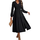 Dokotoo Fall Dresses for Women 2025 Long Sleeve V Neck Smocked Empire Waist Ruffle Tiered Casual Split Maxi Dress