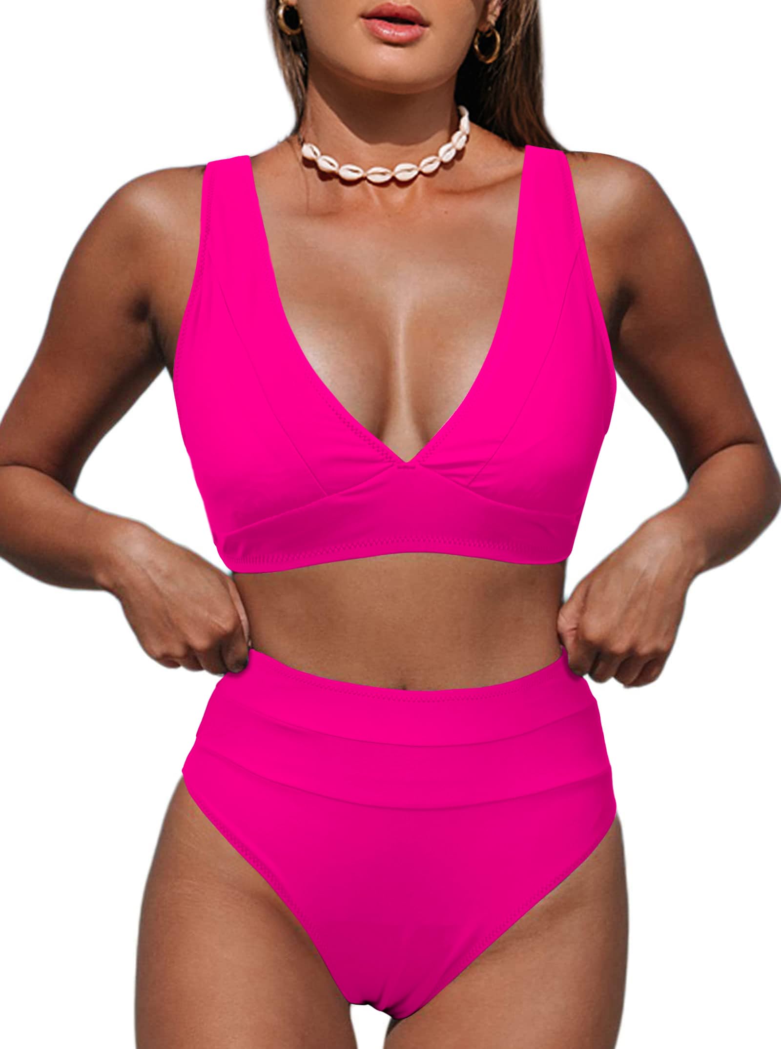 Photo 1 of Hilinker Womens Leopard Bikini Swimsuits V Neck High Waisted 2 Piece Bathing Suits (as1, Alpha, s, Regular, Regular, Hot Pink)