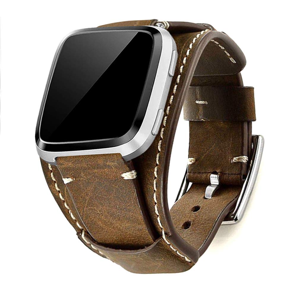 Leotop Compatible with Fitbit Versa/Versa 2/Versa Lite/Versa Special Edition Straps, Genuine Leather Cuff Bracelet Replacement Band Compatible Fitbit Versa Smart Watch for Men Women (Coffe)