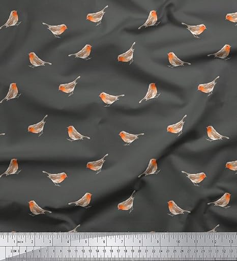 Soimoi Gray Heavy Canvas Fabric Robin Bird Print Fabric By The