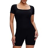 NANJI Rompers for Women - Short Sleeve Square Neck Ribbed Seamless Bodycon One Piece Jumpsuit, Casual Summer Yoga Workout Gym