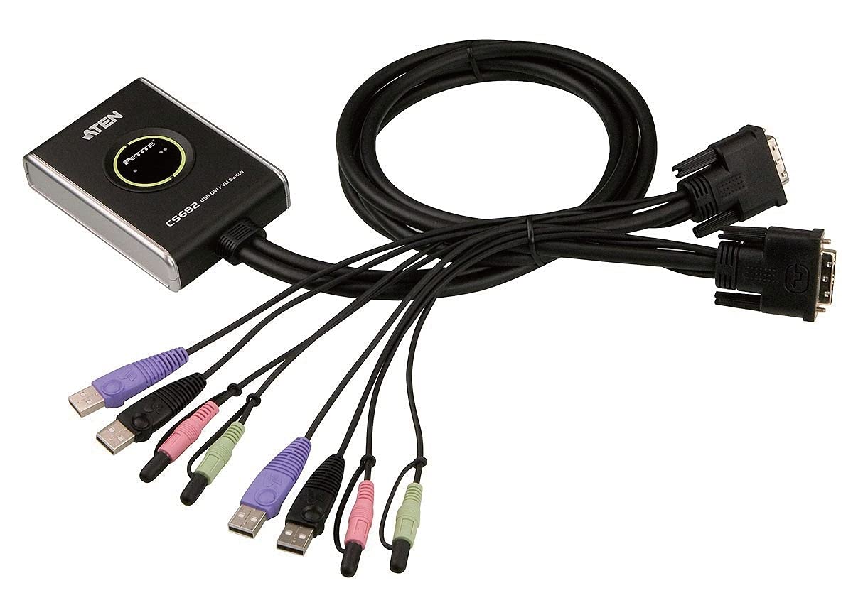 USB DVI/Audio 2 Port Cable KVM Switch with Remote Port Selector CS682 ATEN (1920 x 1200 @ 60 Hz), support Windows, Linux, Mac & Sun, Independent switching of the KVM & Audio, UK, 1 KVM Market Leader, Mix