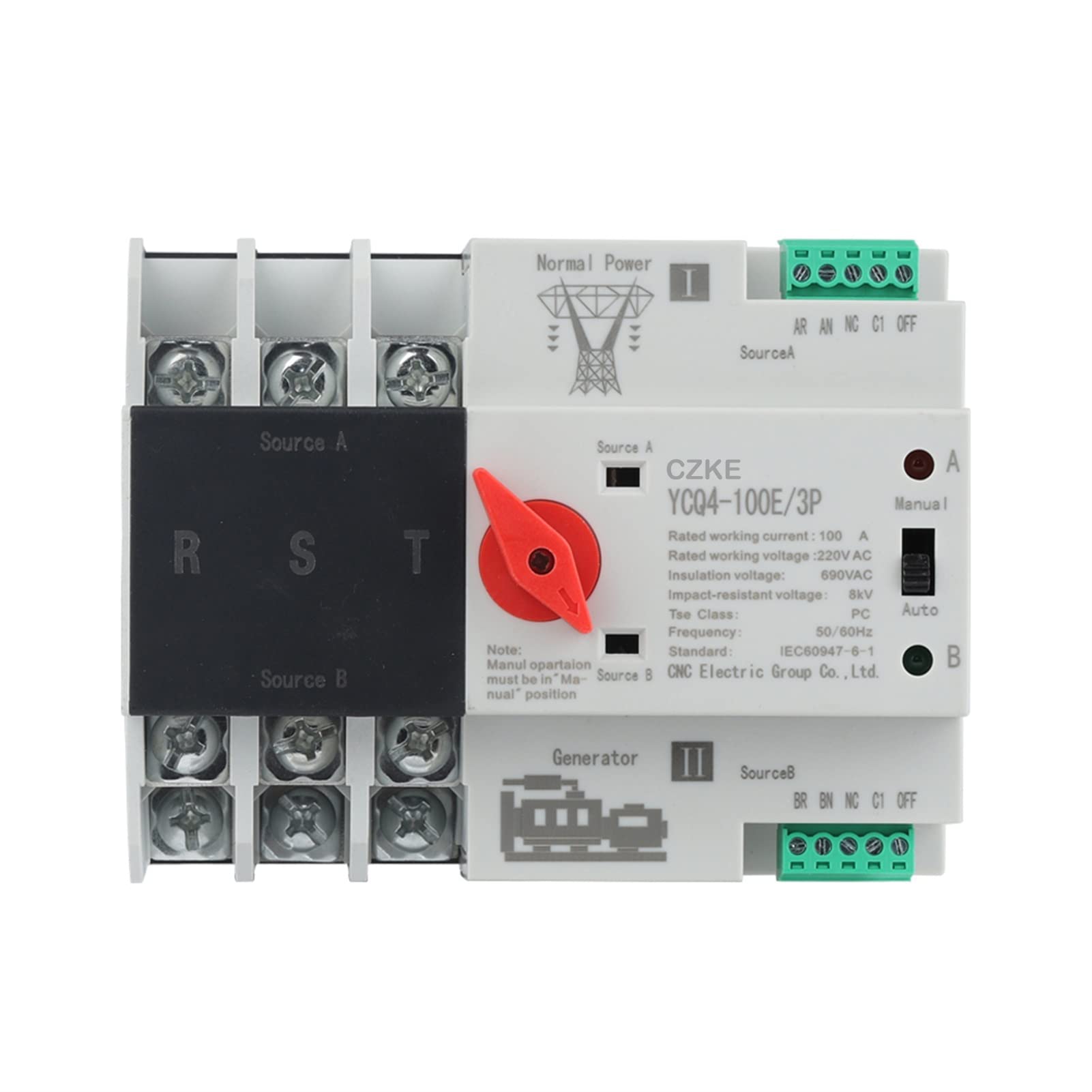 XIRIXX YCQ4-100E/3P Dual Power Automatic Transfer Switch – 220V AC, 8kA, DIN Rail Mount, 100A, Uninterrupted Power