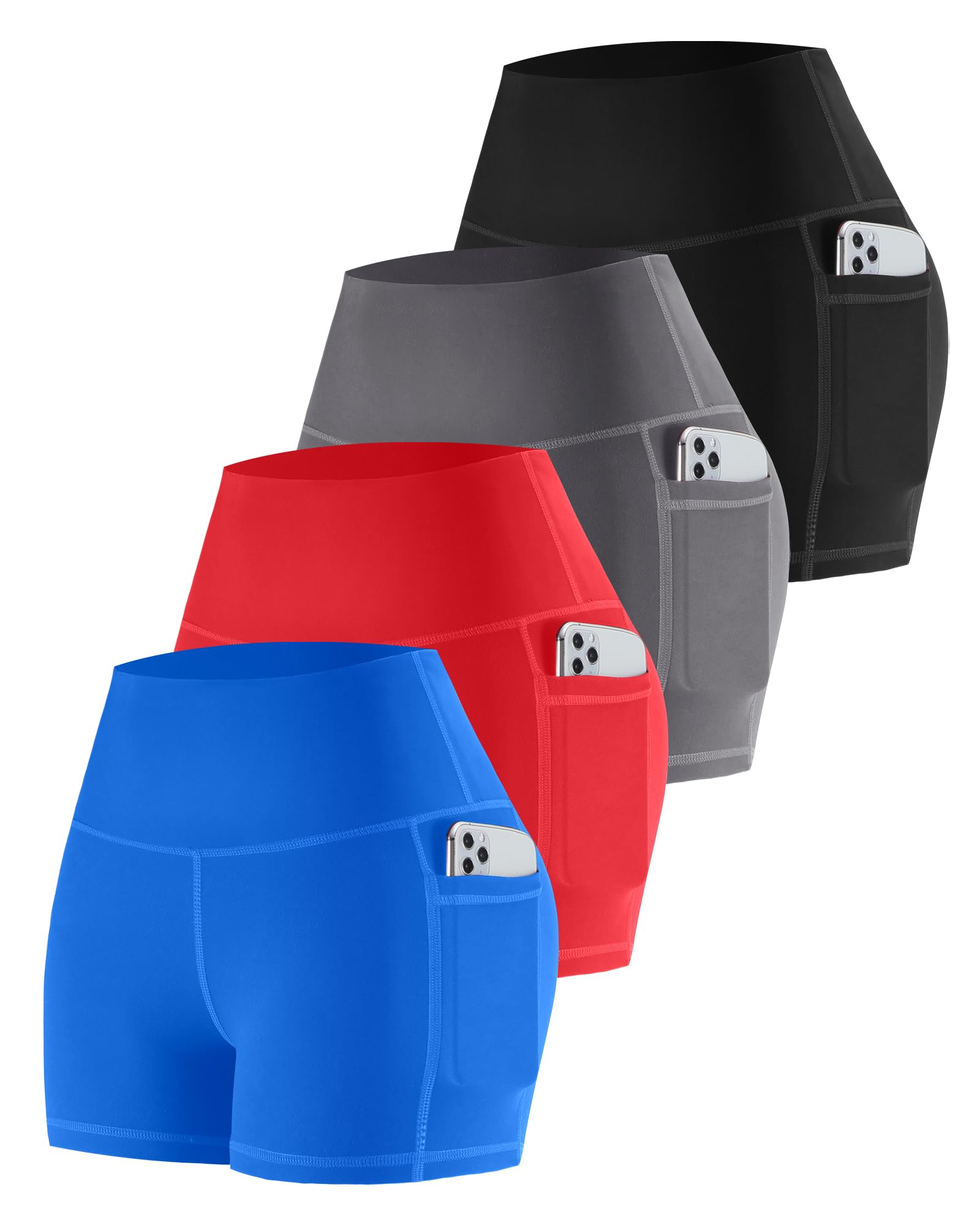 CHRLEISURE Womens Biker Yoga Shorts with Pockets: High Waisted Tummy Control Spandex Workout Athletic Gym Shorts 4 Packs (3“ BlackGrayRedDBlue, 2XL) Image