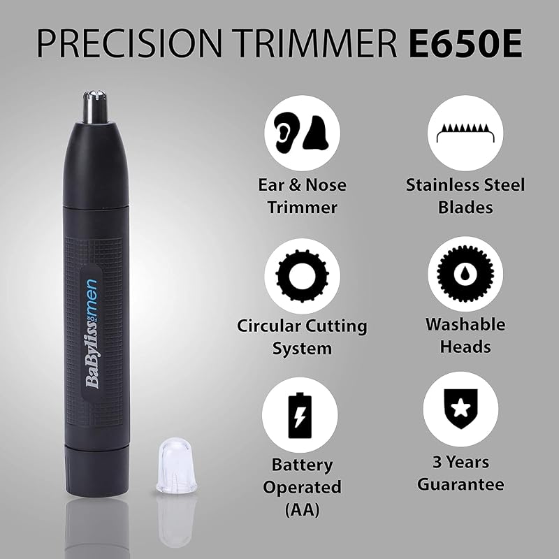 Corta-nariz e ouvidos - Sistema preciso de 2 pás, alimentado por pilhas, aço inoxidável, acessórios removíveis fáceis de limpar, oferta para homens, preto, E650E