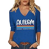 CGTPI Womens Autism Awareness V Neck Shirts Autism Mom Tee Inspirational Graphic 3/4 Sleeve Spring Tops