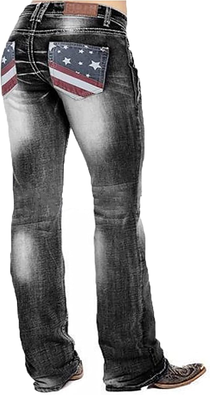 Women's Plus Size Bootcut Jeans American Flag Printed Long Denim Pants