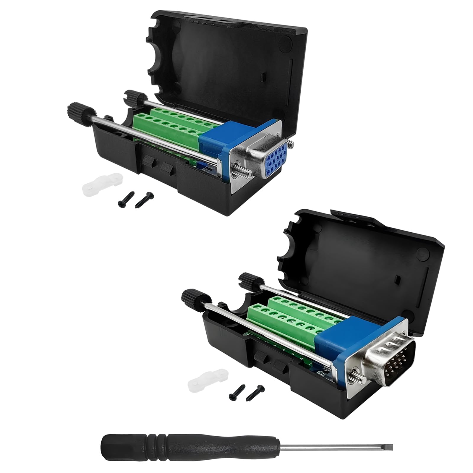 iYueMps VGA Screw Terminal Block Adapter, 1 Pair DB15 Breakout Board DB15 VGA Terminal Female+Male D-SUB 3 Row 15Pin Breakout Board Connector