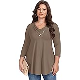 LARACE Plus Size 3/4 Sleeve Womens Tops for Fall Spring, Casual Flowy Women's V-Neck Shirts Tunic Top to Wear with Leggings