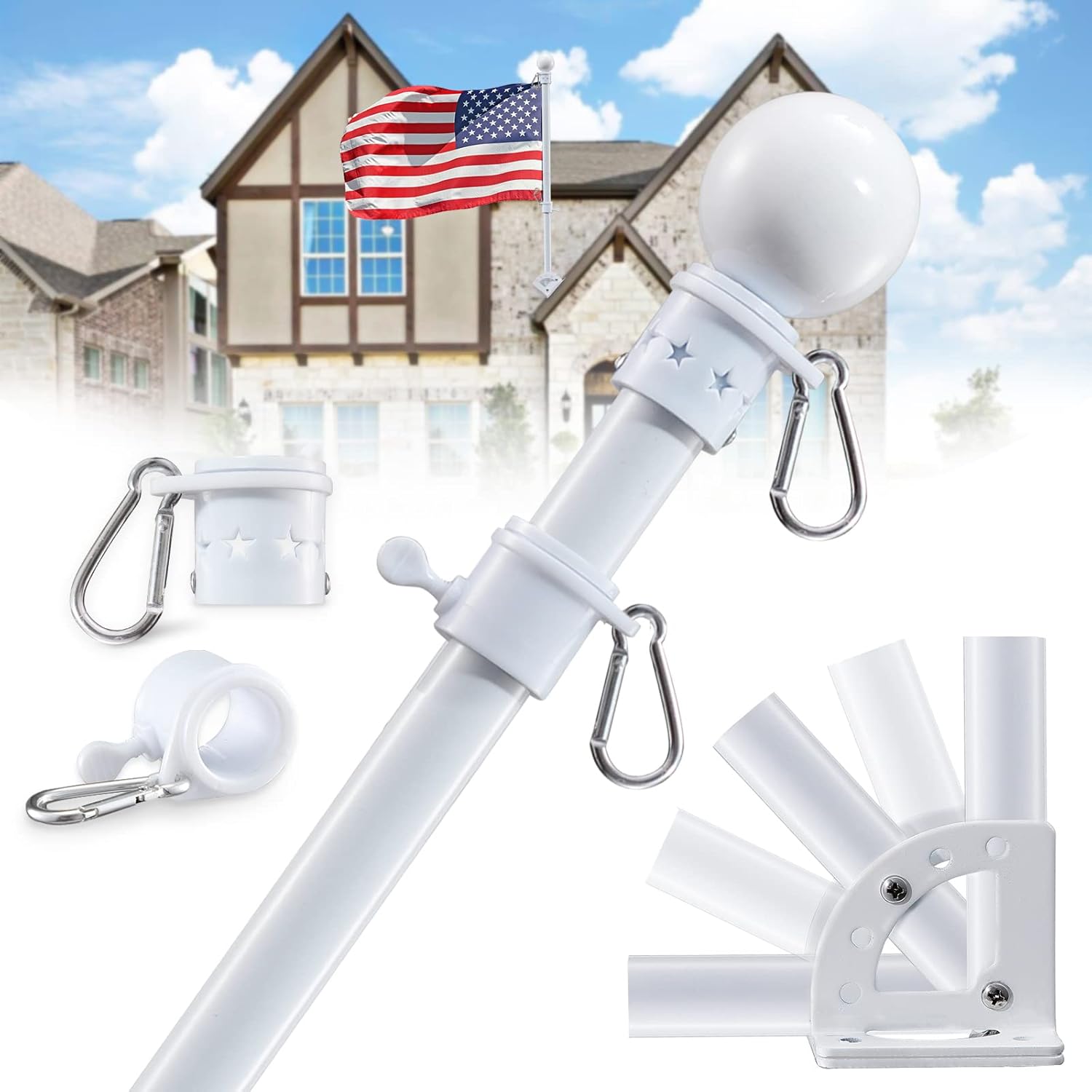 Flagpole Hardware - Flag Pole For House With Holder Bracket - 6ft Tangle Free Flag Poles for Outside House,Heavy Duty Flagpole Hardware Kit High Wind Resistant,Metal Flagpoles Residential for Outdoor,Porch,Truck-White