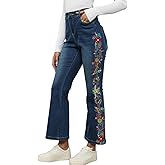 AK Women's High Waisted Embroidered Wide Leg Jeans, Cropped Mom Jeans for Women, Bohemian Floral Fashion Denim Capris