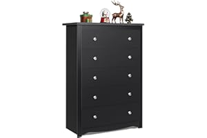 WLIVE Wood Dresser with 5 Drawers, 45" Tall Black Dresser for Bedroom, Chest of Drawers, Storage Cabinet and Organizer Drawers for Living Room, Hallway, Closet