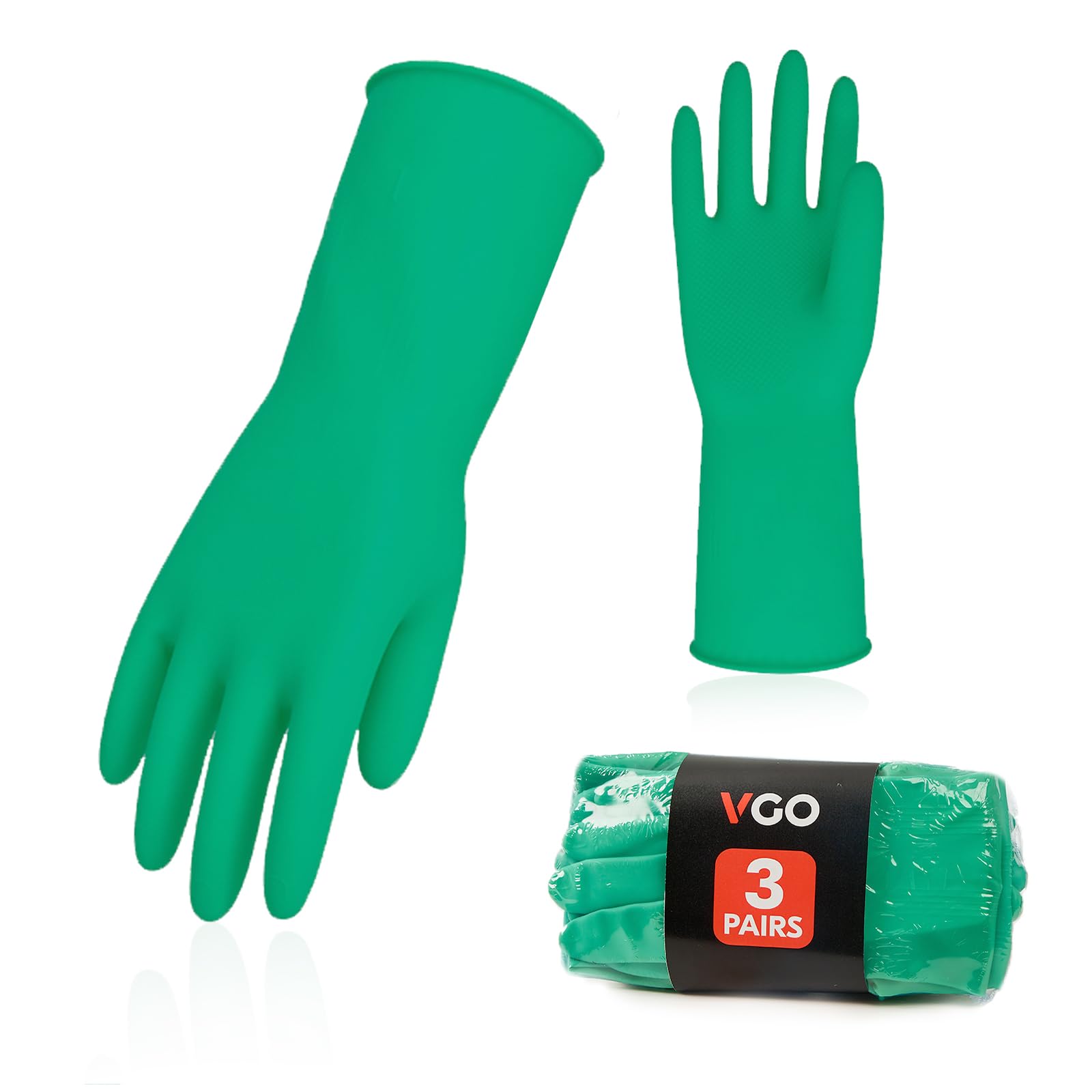 Vgo... 3Pairs Reusable Household Gloves,Rubber Dishwashing Gloves,Extra Thickness,Long Sleeves,Kitchen Cleaning/Working/Gardening(Size L,Green,HH4601,3Pairs)