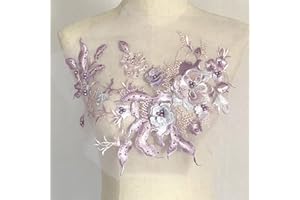 Liveish Flower Fabric Beaded Lace Applique, Embroidered Flower Fabric Patch for Dresses, Bridal Dress, Handmade Sewing Tool for DIY Neckline Bodice Pants(Purple)