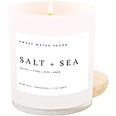 Sweet Water Decor Salt and Sea Candle - Sea Salt, Citrus, Amber, Musk, Beach Scented Soy Candles for Home - 11oz White Glass Jar + Wood Lid, 50+ Hour Burn Time, Made in The USA