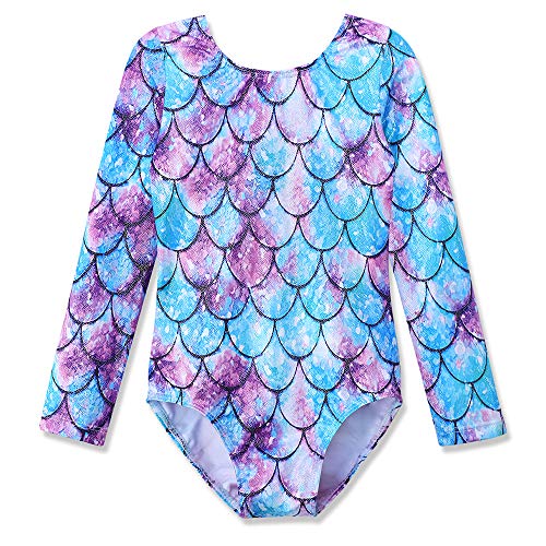 Gymnastics Long Sleeve Leotards for Girls Kids Ballet Sparkle Ribbons Dancewear (02 Mermaid green, 150(9-10Y)) - Thumbnail 6